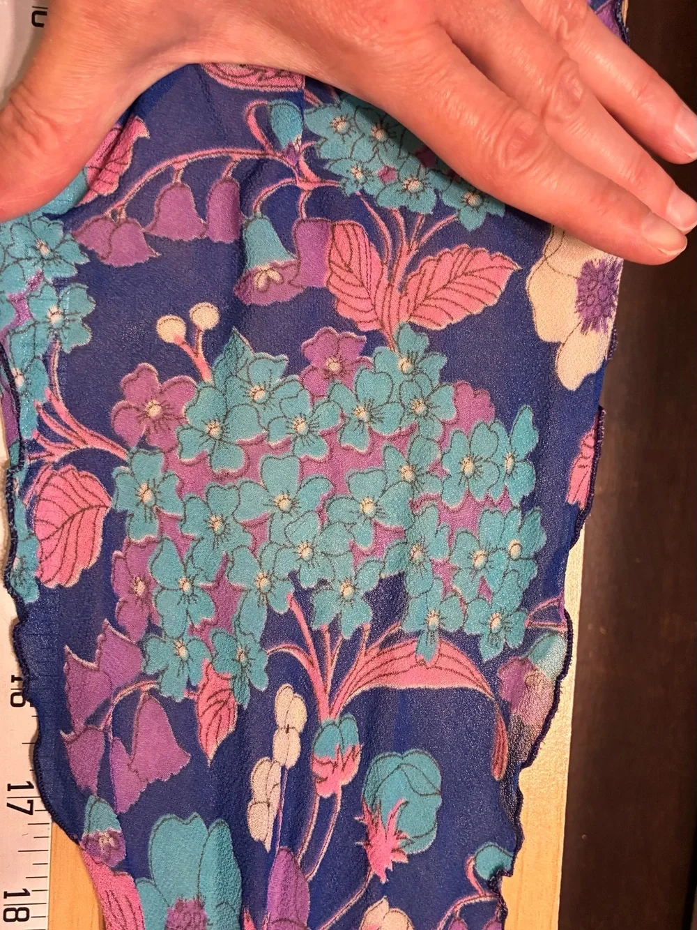 Vintage SILK Ruffled Edge Floral Rectangular Scarf Navy 53”x6”